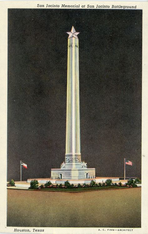 1940's postcard. San Jancinto Memorial & Battleground, Houston, TX San Jacinto Monument, San Jacinto, Houston Texas, Vernacular Architecture, Texas Travel, Old Postcards, Vintage Postcards, Rodeo, Statue Of Liberty