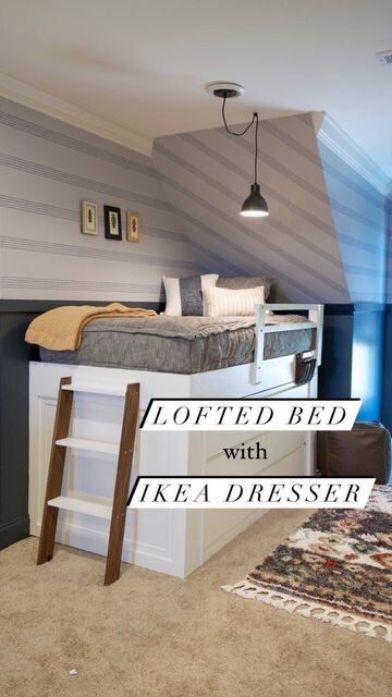 ikeahack on Instagram: @kristinsrendition used an IKEA dresser to create this lofted bed for her boys’ room. This build, including the dresser, costs less than… Ikea Loft Bed Hack, Loft Bed Diy Plans, Boys Bunk Room, Ikea Kids Bed, Lofted Bed, Ikea Loft Bed, Ikea Bed Hack, Build A Loft Bed, Violet Room