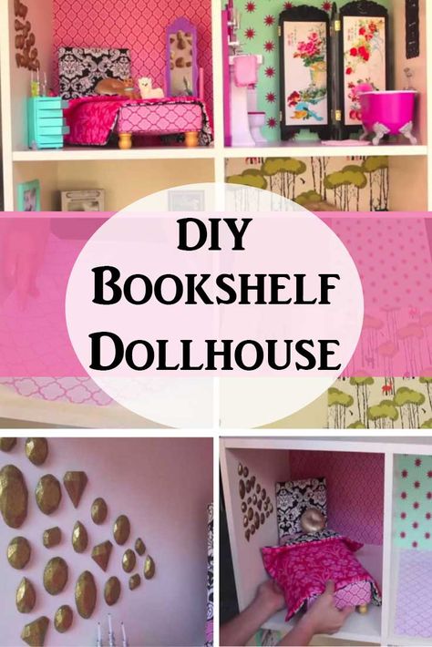 Make Bookshelf, Colorful Dollhouse, Pretty Dollhouse, How To Make Bookshelves, Bookshelf Dollhouse, Old Bookshelf, Doll Organization, Dollhouse Bookshelf, Miniature Bookshelf