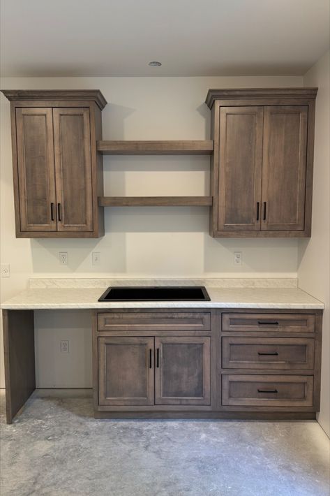 Maple cabinets w/ Inset doors and floating shelves in a basement bar w/ space for mini fridge. Innovative Kitchen, Maple Cabinets, Basement Bar, Mini Fridge, Custom Cabinetry, Custom Kitchen, Kitchen Designs, Dream Home, Floating Shelves