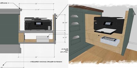 Pull Out Printer Drawer, Printer Station, Printer Drawer, Printer Storage, Beautiful Office Spaces, Printer Cabinet, Office Desk Designs, Printers Drawer, Home Office Cabinets