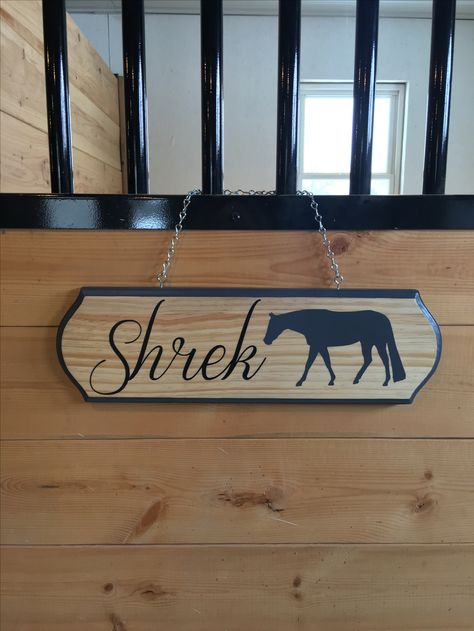 Custom wood horse stall sign.  Available for order under Barn Door Boutique Shop on FB and Etsy! Horse Stall Name Signs, Stall Signs Diy, Stall Signs Horse, Horse Show Stall Decorations, Horse Stall Decorations For Fair, Horse Stall Decorations, Horse Stall Signs, Horse Barn Decor, Custom Horse Stalls