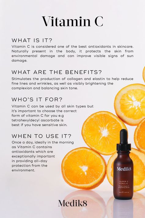 The most common vitamin C questions are all covered in this helpful Medik8 guide: What is vitamin C? What are the benefits of vitamin C? How should I use vitamin C? When should I apply vitamin C? All the vitamin C tips & advice you need in one place. 🍊 Click the link to shop our vitamin C range now 🧡 •Medik8 Daily Radiance Vitamin C •Medik8 C-Tetra Cream •Medik8 C-Tetra •Medik8 C-Tetra Luxe •Medik8 C-Tetra Eye •Medik8 Super C Ferulic •Medik8 C-Tetra Eye •Medik8 Pure C15 Vitamin C For Face, To Improve Eyesight, Koleksi Makeup, Benefits Of Vitamin C, Oils For Scars, Vitamin C Benefits, Perfect Diet, Diet Chart, Skin Care Wrinkles