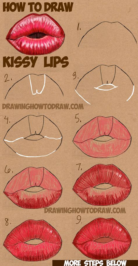 How to Draw Kissy Kissing Puckering Sexy Lips Lips Reference, Lips Step By Step, Puckered Lips, How To Draw Lips, Lips Sketch, Draw Lips, Lips Painting, Drawing Instructions, Realistic Eye Drawing