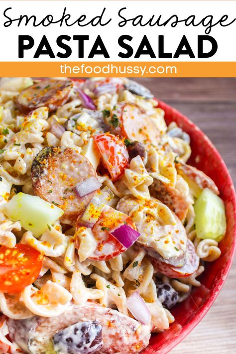 Sausage Pasta Salad is a perfect side dish for your potlucks or picnics! Loaded with Mediterranean favorites like fresh mozzarella, Kalamata olives, cucumbers and thick chunks of smoked sausage! Pasta Salad Sausage, Smoked Sausage Pasta Salad, Pasta Salad With Sausage, Sausage Pasta Salad, Sausage Salad Recipe, Pork Side Dishes, Summer Sausage Recipes, Andouille Sausage Recipes, Salad Meals