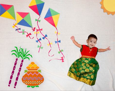 Sankranti Theme Baby Photoshoot, Sankranti Baby Photoshoot Ideas, Sankranthi Theme Baby Photoshoot, Makar Sankranti Baby Photoshoot, Monthly Baby Photography, Babies Photoshoot, Photoshoot Decor, Milestone Ideas, 7th Month