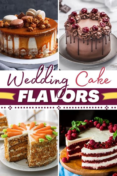 Experience love at first bite with these delicious and unique wedding cake flavors. Because why settle for boring when you can have salted caramel? Amaretto Wedding Cake Recipe, Great Cake Flavors, Cake Recipes Wedding, Wedding Cake Flavours And Fillings, Unique Wedding Cake Flavors And Fillings, Flavors Of Wedding Cakes, Spice Cake Wedding Cake, Elegant Cake Flavors, Funky Cake Flavors