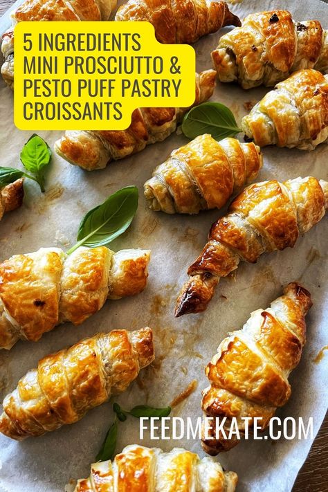 puff pastry croissants on a baking tray scattered with fresh basil leaves Puff Pastry Croissant, Savoury Bites, Pesto Dip, Frozen Puff Pastry, Puff Pastry Sheets, Pastry Sheets, Tasty Bites, Puff Pastry, Tray Bakes