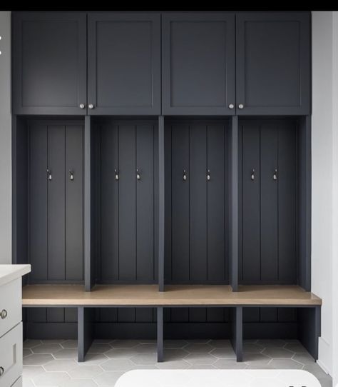 Black Cubbies Mudroom, Mudroom Locker Width, Mudroom Built Ins, Black Mudroom, Built In Cubby, Mudroom Cabinetry, Mudroom Addition, Mudroom Cubbies, Mudroom Remodel