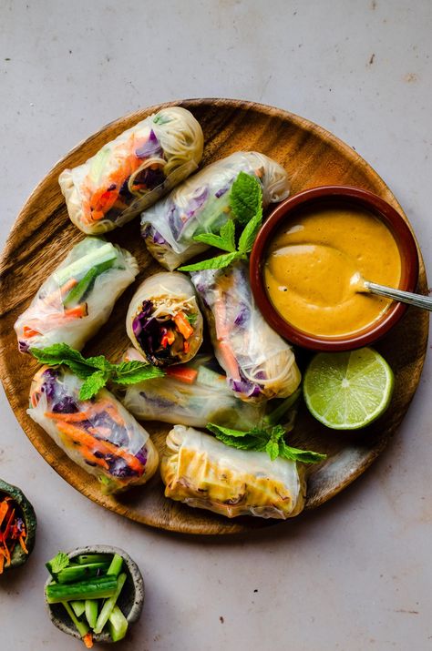 Vietnamese Spring Rolls with Mango Almond Butter Sauce - Upbeet Anisha Cold Rolls, Almond Butter Sauce, Rice Paper Spring Rolls, Chopped Veggies, Vietnamese Spring Rolls, Mango Sauce, Crispy Shallots, Rice Paper Rolls, Vietnamese Cuisine