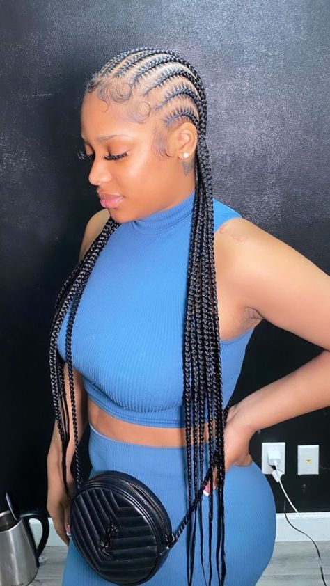 Stitch Braids With Curls At The End, Cornrows Braids With Curls, Stitch Braids Black Women, Stitch Braid Styles, Holiday Hairstyles For Black Women, Stitch Braids With Curls, Stitch Braids Cornrows, Straight Back Hairstyles, Cornrow Ideas