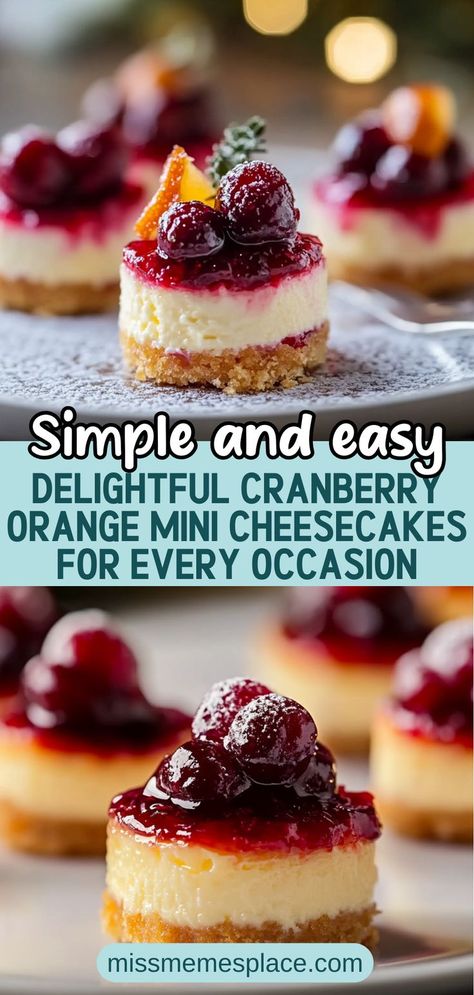 Indulge in the perfect blend of tart and sweet with these delicious cranberry orange mini cheesecakes! Ideal for holidays, parties, or a cozy night in, these bite-sized desserts feature a creamy filling complemented by a buttery graham cracker crust. With fresh cranberries and zesty orange, each cheesecake offers a refreshing twist on traditional recipes. Easy to make, they’re perfect for novice bakers looking to impress! Grab the full recipe and make these festive treats today! Cranberry Cheesecake Bites, Quick Holiday Desserts, Cranberry Tart Recipe, Cranberry Orange Cheesecake, Cranberry Recipes Dessert, Cinnamon Roll Desserts, Mini Cheesecake Bites, Cranberry Tart, Cranberry Dessert