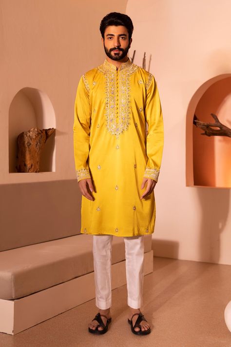 Kurta And Pants, Silk Kurta Set, Thread Beads, Yellow Kurta, Wedding Dresses Men Indian, Kurta Patterns, Kurta Men, Mens Kurta Designs, Wedding Dress Men