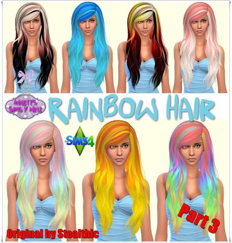 Annett`s Sims 4 Welt: Rainbow Hairstyle - Part 3 - Original by Stealthic  - Sims 4 Hairs - http://sims4hairs.com/annetts-sims-4-welt-rainbow-hairstyle-part-3-original-by-stealthic/ Sims 4 Rainbow Hair, Sims Hairstyles, Mods Ts4, 4 Hairstyles, Cc Sims4, Cc Hair, Girl Hair Colors, Pelo Sims, Sims 4 Cc Makeup