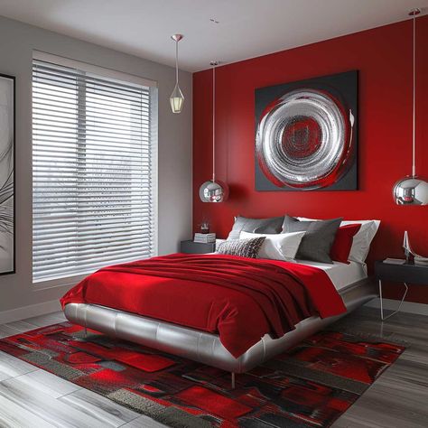 Stylish Bold Red and Silver Bedroom Interior Color Combination • 333+ Art Images Red Grey Bedroom, Bedroom Interior Colour, Red Bedroom Ideas, Red Interior Design, Next Bedroom, Silver Bedroom, Modern Bedroom Interior, Red Room, Red Bedding