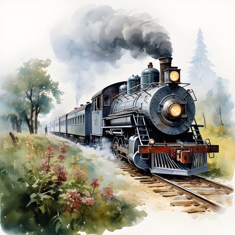 Train Countryside, Countryside Watercolor, Train Painting, Train Drawing, Vintage Trains, Japan Illustration, Christmas Illustrations, Everyday Quotes, Train Art