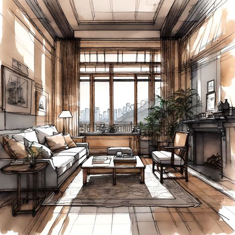 Digital Visualization, Rich Apartment, Creative Window Treatments, Interior Architecture Sketch, Interior Design Sketchbook, Ideas Sketch, Perspective Sketch, Sitting Room Design, Furniture Design Sketches