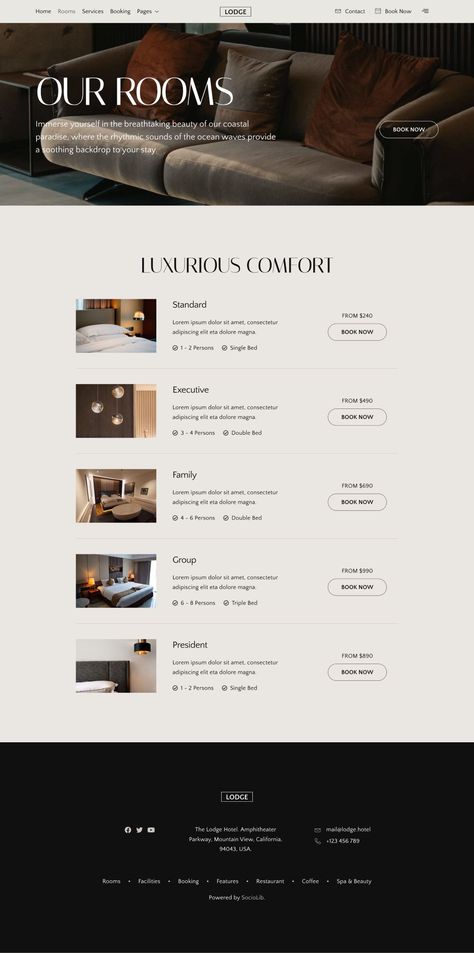 Lodge - Hotel & Resort Elementor Template Kit Hotel Room Website Design, Boutique Hotel Website, Hotel Presentation, Resort Website, Webpage Design Layout, Aesthetic Websites, Hotel Website Design, Hotel Booking Website, Travel Website Design