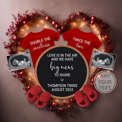 Share double the joy with our Valentines day Twins Pregnancy Announcement. This digital design is perfect for revealing your twin babies! - DIGITAL FILE ONLY. No Physical item will be shipped. - Turnaround 12-24 Hours! (Often much sooner) - Image size - 5x7 inches (127x178 mm), 2100x1500px.   HOW TO ORDER 1. Please add your personalization: - Baby's last name - Due date - Your email address - Any other information 2. Buy this listing. 3. Please message me your ultrasound picture via Etsy messages 🖂 (or without ultrasound). 4. I'll personalize your announcement and send the final version to your Etsy account's email and via Etsy messages 🖂. 5. Turnaround 12-24 Hours! (Often much sooner) 6. Share your delightful news online or print and mail it! - If you require any assistance, please mess Valentine's Day Baby Announcement, Pregnancy Announcement February 2025, Future Baby Ideas, Baby Announcing Ideas To Husband, Baby Announcements Ideas, Pregnancy Announcement Valentines Day, Couple Pregnancy Announcement, Valentine Pregnancy Announcement, Twins Pregnancy Announcement