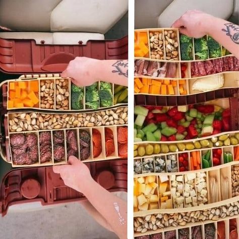 People Are Turning Tackle Boxes Into Portable Charcuterie Boards Called a ‘Snackle Box’ Car Charcuterie Board, Portable Charcuterie Board, Travel Charcuterie Board, Beach Day Food, Boat Snacks, Snackle Box, Box Hacks, Brunch Bar, Snack Holders