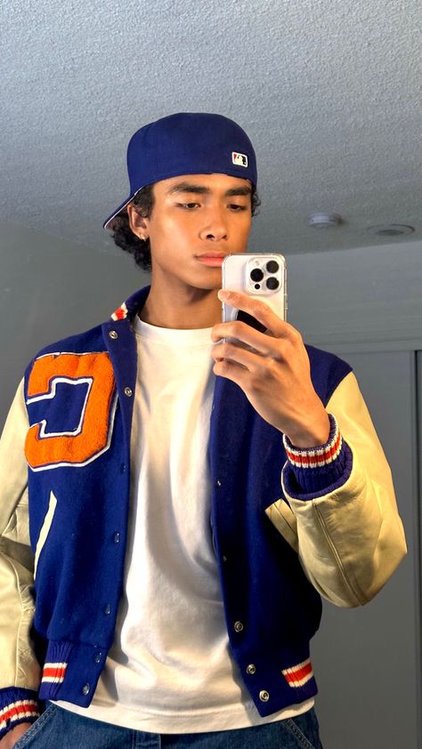 Wearing a vintage blue letterman jacket, a Uniqlo airism t-shirt, and an LA Dodgers fitted hat Blue La Cap Outfit, La Dodgers Hat Outfit Men, Blue Hat Outfit Men, La Dodgers Hat Outfit, La Cap Outfit, Dodgers Hat Outfit, Jaymin Khansmith, Blue Hat Outfit, La Hat Outfit