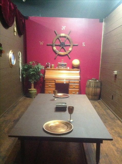 This is how we set up our pirate room. Check it out in Antelope Valley's first live escape room. Book online at www.twistedexit.com. Pirate Escape Room Ideas, Pirate Escape Room, Puzzle Room, Escape Room Design, Escape Room Ideas, Mystery Board, Spy Training, Escape Room Diy, Diy Escape Room