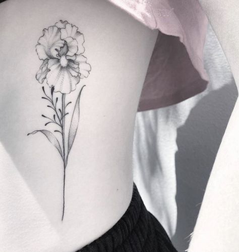 Iris Rib Tattoo, Iris Flower Tattoo, Floral Tattoo Design, Iris Flower, Line Art Tattoos, Rib Tattoo, Iris Flowers, Tattoo Design Drawings, Fine Line