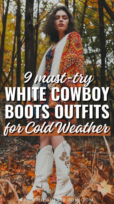 a woman wears white cowboy boots for cold weather, western outfits Off White Cowgirl Boots Outfit, White Boots Christmas Outfit, Tall White Boots Outfit Fall, White Western Boots Outfit Winter, Fall White Cowboy Boot Outfits, White Cowgirl Boots Outfit Fall, White Cowboy Boots Outfit Casual, White Cowboy Boots Outfit Fall, White Cowboy Boots Outfit Winter