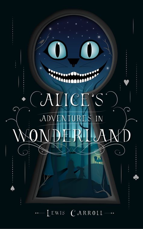 alice in wonderland book cover design with image of keyhole and the silhouettes of alice and the white rabbit inside the keyhole surrounded by a forest and a table set for a tea party off in the distance Alice In Wonderland Book Cover, Alice In Wonderland 1, Alice In Wonderland Poster, Alice In Wonderland Diy, Alice In Wonderland Illustrations, Creative Book Covers, Alice In Wonderland Book, Mad Hatter Party, Alice Book