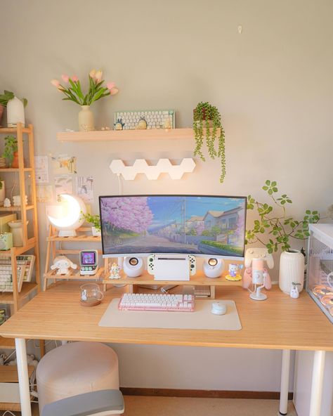 I felt so inspired by the cherry blossom yesterday, I wanted my setup to feel even more spring today 🥹🌸 I’ve just been grinding Genshin all day since I woke up LMAO I still don’t have Arlecchino and I need her!! I hope this weekend has made you feel recharged, and have a lovely rest of your Sunday 🫶💗 gaming setup • cozy gamer • pc gamer • desk setup • pinterest home decor • sakura Floral Gaming Setup, Simple Pink Gaming Setup, Cherry Blossom Room, Studio Ghibli Pc Setup, Cherry Blossom Pc Setup, Studio Ghibli Gamer Setup, I Need Her, Setup Inspiration, Work Setup