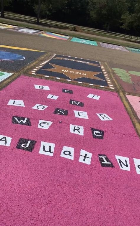 burn book themed Parking Spot Painting High School Pink, Senior Parking Curb Painting, Painted Parking Spots Senior Girls, Pink Parking Spot Painting, Senior Spot Ideas, Parking Spot Painting High School Cute, Senior Parking Space Ideas 2023, High School Parking Lot Painting, Senior Parking Spaces Painting