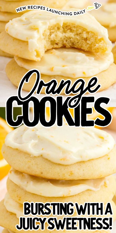 Enjoy the sweet and indulgent flavor combination of citrusy orange and creamy frosting when you make a batch of these soft orange cookies. Soft Orange Cookies, Orange Recipes Dessert, Drop Cookie Recipes, Creamy Frosting, Cinnamon Roll Recipe Homemade, Orange Cookies, Parties Ideas, Summer Cookies, Soft Orange