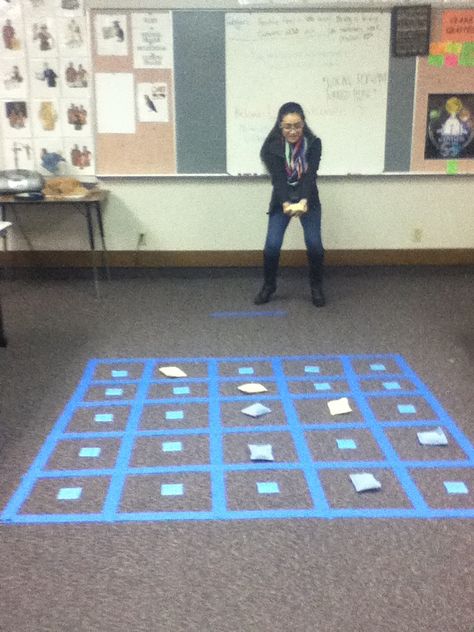 Connect four. Make a grid with painters tape on the floor. Then put a book of the Bible on the back of sticky notes and put them face down in the squares. A team tosses their color bean bag on the square and then has 10 seconds to find the book. If they fail, the other team has 10 seconds to find the passage and win the square. The first team to have 4 in a row wins Scripture Mastery Games, Seminary Games, Doctrinal Mastery, Scripture Mastery, Lds Seminary, Connect Four, 4 In A Row, Class Games, Primary Activities