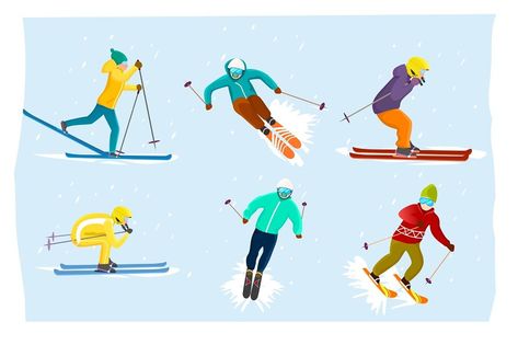 People skiing set isolated vector illustration. Winter extreme sport, outdoor adventure, mountain activities, recreation lifestyle, cold downhill, cross country skiing. Speed skier in protective gear. People Skiing, Extreme Sports Photography, Ns Logo, Illustration Mountain, Mountain Activities, Sports Illustration, Ski Set, Ski Lodge Decor, Adventure Mountain