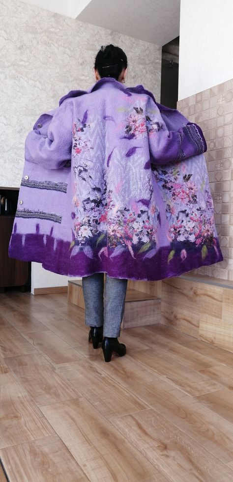 Winter Wedding Coat, Embellished Coat, Felt Fashion, Wedding Coat, Nuno Felt, Plus Size Winter, Purple Jacket, Wool Handmade, Oversized Coat