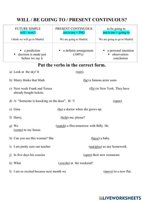 Will And Be Going To Worksheet, Present Continuous For Future Worksheets, Present Perfect Tense Exercises, Present Continuous Worksheet, Tenses English, Language Journal, Learning Grammar, Present Continuous Tense, Present Continuous