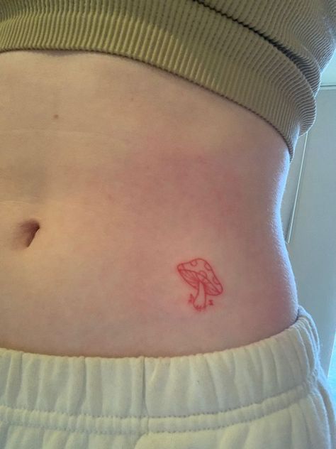 Minimalist Tattoo Red Ink, Red Ink Mushroom Tattoo, Two Mushrooms Tattoo, Red Sticker Tattoo, Mushrooms Tattoo Ideas, Single Mushroom Tattoo, Pretty Mushroom Tattoo, Strawberry Mushroom Tattoo, Mushroom Tattoo Minimalist