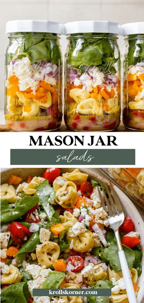 Mason Jar Pasta Salad Healthy, Mason Jars Salads, Tortellini Mason Jar Salad, Mason Jar Prep Meals, Jar Salads Mason Healthy Lunches, Jar Meal Prep Ideas, Jar Salads Mason, Mason Jar Salads For A Week, Ball Jars Ideas