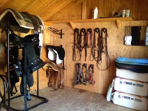 Convert a backyard shed into a tack room. Shed Tack Room, Tack Shed Ideas, Tack Shed, Tack Locker, Tack Room Organization, Horse Tack Rooms, Equestrian Stables, Barn Hacks, Cattle Barn