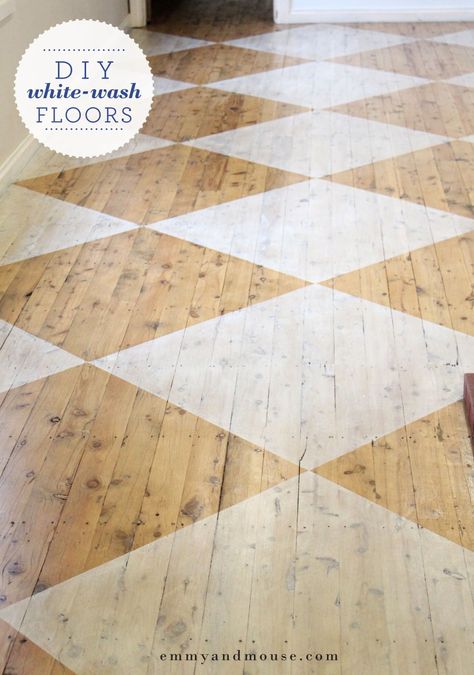 DIY white-washed patten floors | emma barrett creative Cottage Hallway, White Washed Floors, Wood Floor Pattern, Camper Reno, Painted Wood Floors, Checkerboard Floor, Stencil Wood, Painted Floor, Stenciled Floor