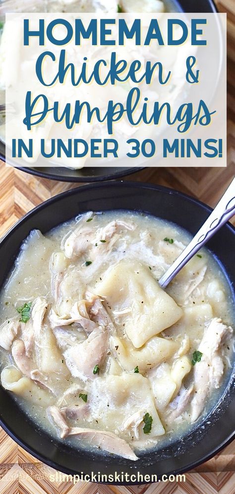 Easy Homemade Chicken and Dumplings in 30 Minutes Easy Homemade Chicken And Dumplings, Homemade Chicken Dumplings, Homemade Chicken And Dumplings Recipe, Quick Chicken And Dumplings, Easy Chicken Dumpling Recipes, Dumplings Easy, Dumplings Chicken, Easy Dumplings Recipe, Homemade Dumplings Recipe