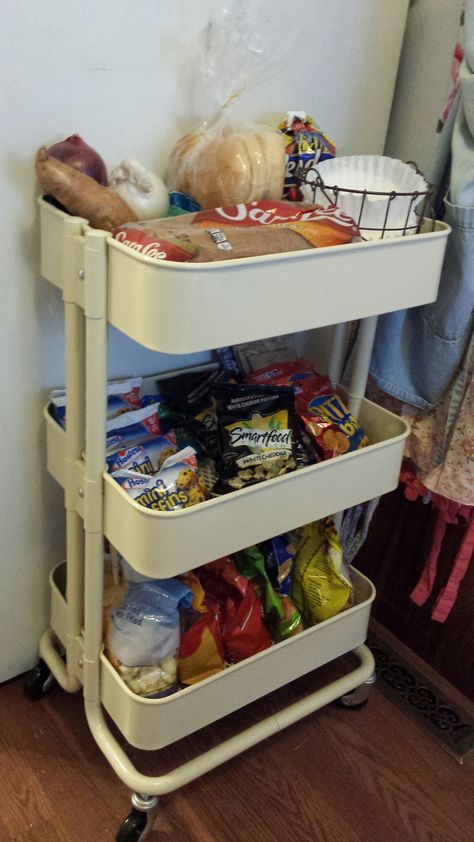 My Ikea snack cart Snack Cart In Bedroom, Snack Cart Bedroom, Dorm Snack Cart, Stizzy Cart, Snack Cart Ideas For Home, Snack Cart For Room, Snack Area In Bedroom, Snack Stash In Bedroom, Sesh Shed Ideas