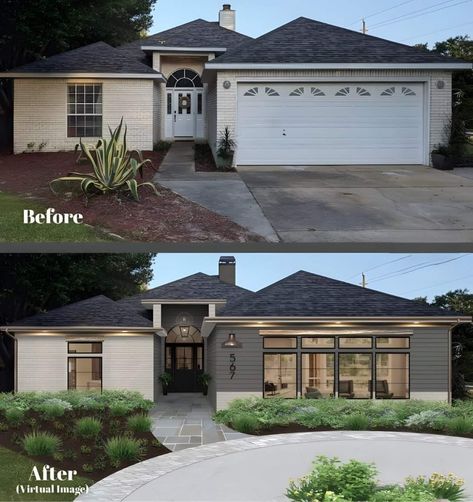 Garage Into Living Space Exterior, Converted Garage Exterior Curb Appeal, Updated 90s House Exterior, Remodeled Garages Living Spaces, Convert Garage To Living Space Exterior, Garage To Living Space Exterior, Renovating Garage Into Living Space, 80s Stucco Exterior Makeover, Garage Renovation Before And After