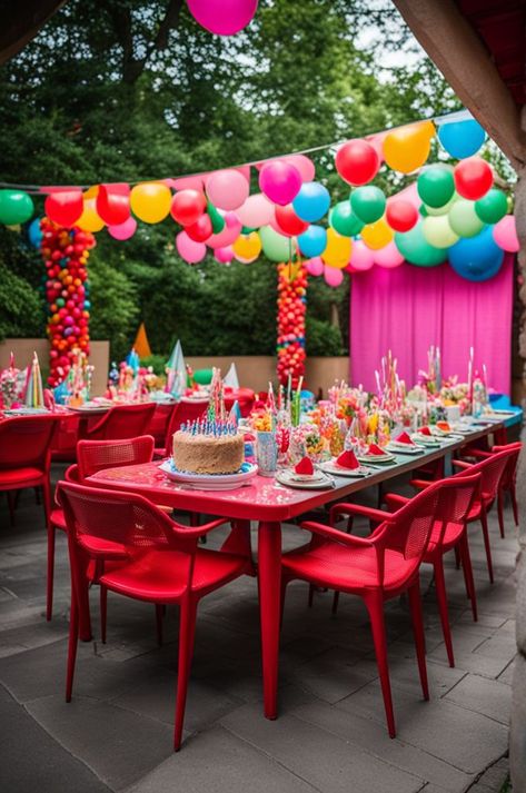 Dive into a celebration of colors with this bright outdoor birthday setup! A radiant balloon arch creates a festive backdrop, framing a table adorned with a cheerful cake and playful party hats. Vivid red chairs invite guests to sit and enjoy the spread of sweets and treats. Perfect for a fun-filled birthday party that's bursting with joy. #ColorfulBirthday #BalloonArchBeauty #FestiveFun #OutdoorPartyVibes #VividCelebration #CakeCenterpiece #PartyDecor Table Decorations Birthday, Cake Table Decorations Birthday, Birthday Setup, Festive Backdrop, Red Chairs, Cake Centerpieces, Cake Table Decorations, Outdoor Birthday, Red Chair