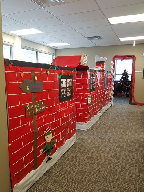 Christmas Village Office Cubicle, Santas Workshop Theme Decorations, Office Christmas Decorations Contest, Office Christmas Decorations Cubicles, Holiday Office Decor, Christmas Desk Decorations, Work Cubicle Decor, Whoville Christmas Decorations, Grinch Door