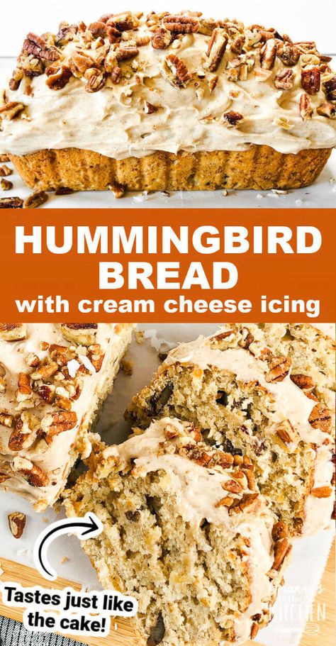 Hummingbird Bread with Cream Cheese Frosting Hummingbird Bread Recipe, Hummingbird Bread, Bread With Cream Cheese, Hummingbird Cake Recipes, Cinnamon Banana Bread, Dessert Breads, Bread Winners, Southern Cake, Friendship Bread