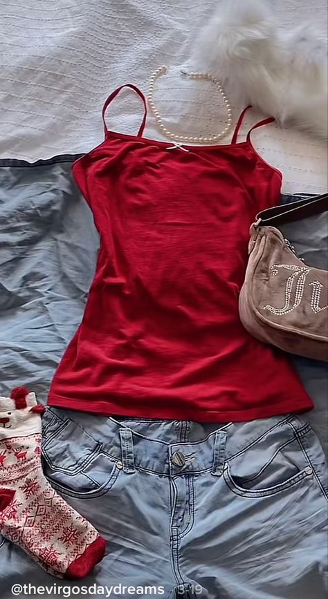 Dark Red Tank Top Outfit, 2000s Tank Top Outfit, Pearl Necklace Outfit Casual Jeans, Tank Top And Jacket Outfits, Red Tank Outfit, Red Y2k Tank Top, Layered Tank Top Outfits 2000s, Y2k Tank Top Outfit, Layered Tank Top Outfits