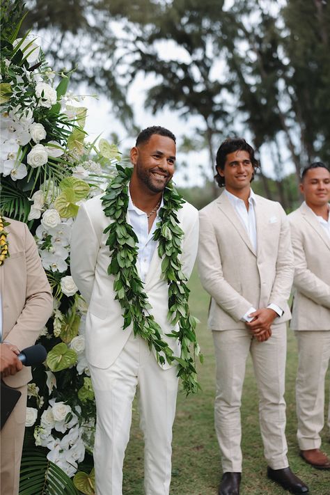 Kamu cracks a huge smile as Keely walks down the aisle towards him during their outdoor wedding ceremony at Turtle Bay on Oahu. Oahu Wedding | Oahu Wedding Photographer | Hawaii Wedding Photographer | Turtle Bay Wedding | Oahu Wedding Photos Turtle Bay Wedding Oahu Hawaii, Turtle Bay Resort Hawaii Wedding, Outdoor Wedding Suit, Hawaii Wedding Groom Attire, Turtle Bay Resort Hawaii, Hawaii Wedding Ideas, Intimate Elopement Ideas, Beach Wedding Suits, Turtle Bay Resort