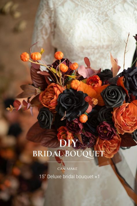 Black & Pumpkin Orange theme flowers and greenery packages are specially hand-picked by our designer for their quality and versatility. Now you could spend less time choosing the right items - gather all you need in just 1 click! What's more, you will save 40~50% compared to buying pre-made products. PACKAGE DETAILS: #DeluxeBridalBouquetPackage Package Can Make (Total Value: $140). 15" Deluxe Bridal Bouquet x1 - $140. Package Included: Deluxe Designer Flower Box x1 Flowers: burgundy Austin rose Black And Orange Wedding, Dark Weddings, Spooky Wedding, Orange Bridal Bouquet, Mexican Halloween, Halloween Bride, Orange Theme, Diy Bridal Bouquet, Burnt Orange Weddings