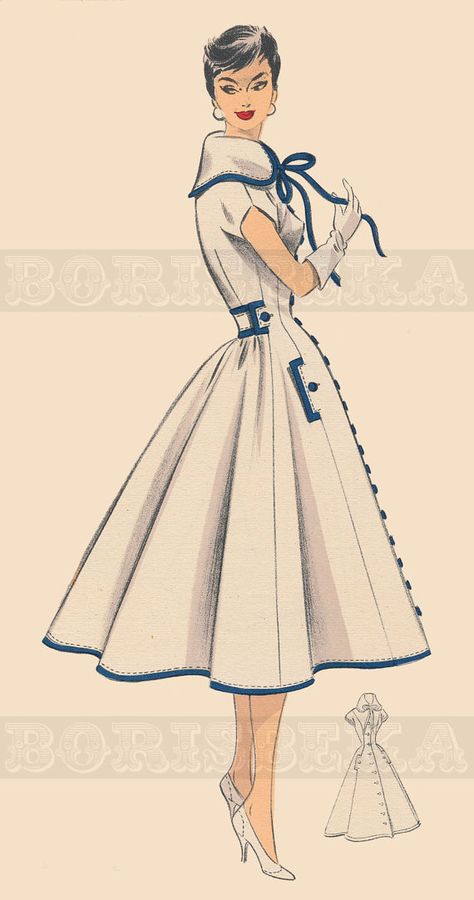 Vintage Dresses Drawing, 1950 Dress Patterns, Late 1950s Fashion, Vintage French Dress, Vintage French Fashion, French Sewing Patterns, French Coat, French Dresses, French Sewing